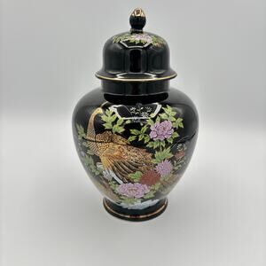 VTG Japanese Interpur Cobalt Black & Gold Peacock Floral Ginger Jar Urn 8" Tall